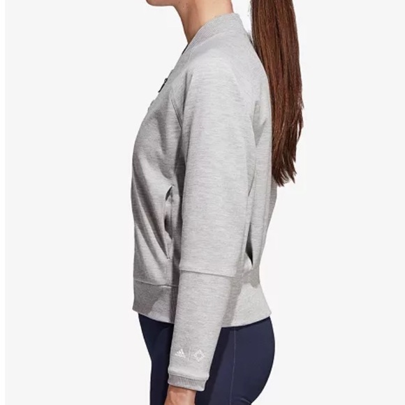 Adidas Womens Gray Collarless Wanderlust Bomber Full Zip Athletic Sweater - Picture 3 of 15